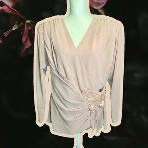 Samuel Scott Vintage 80’s Pink Padded Shoulder Wrap Top w/ Beaded Floral Accent